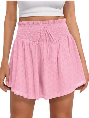 Pink Eyelet Smocked Waist Mini Skort